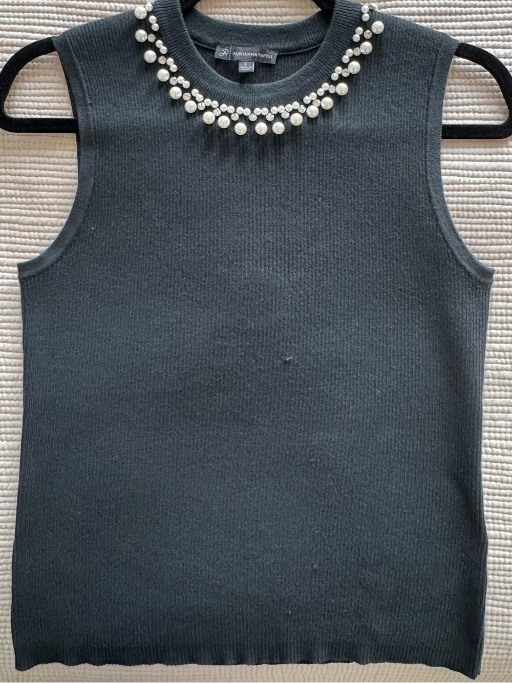 Adrianna Papell Sleeveless Knit Top with Beaded Collar forest green color.